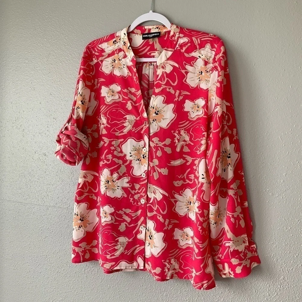 Karl Lagerfeld Blouse coral with floral print long sleeve size Large T177